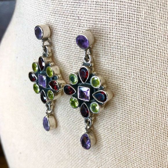 Garnet Peridot Amethyst Sterling Silver Drop Dangle Faceted Earrings - Picture 2 of 8